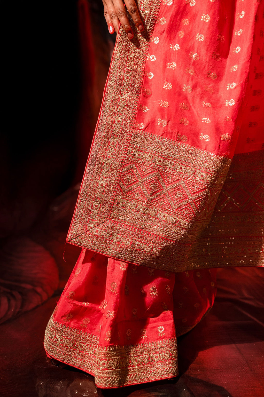 Red Silk Saree with Golden Buti Work and Rich Zari Border - Mayrake.in