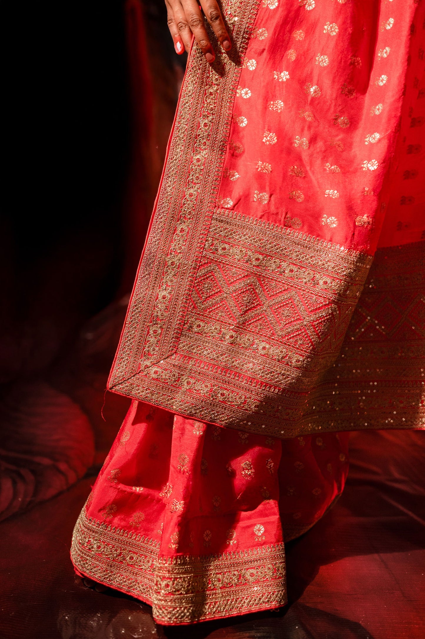 Red Silk Saree with Golden Buti Work and Rich Zari Border - Mayrake.in