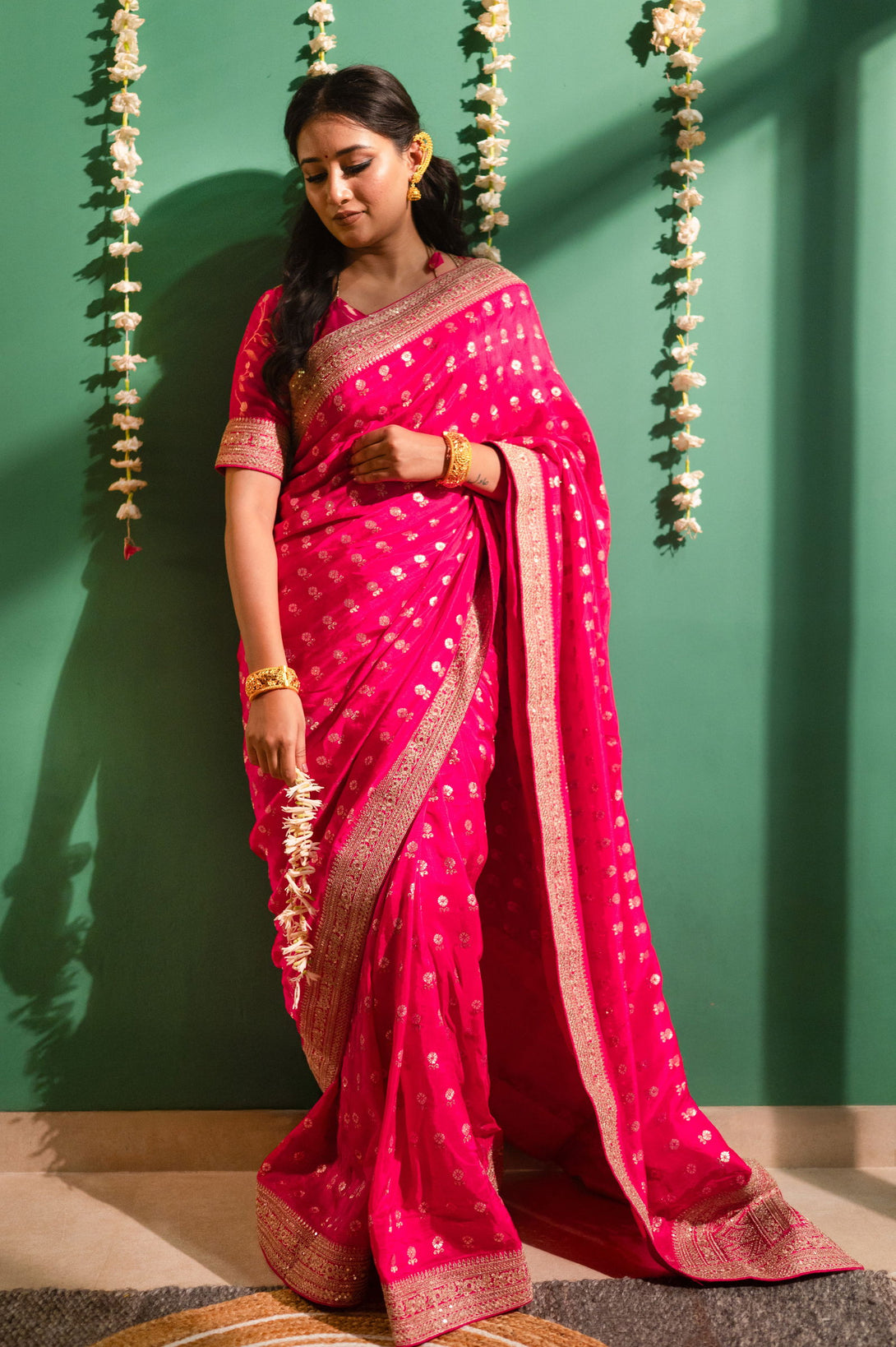Red Silk Saree with Golden Buti Work and Rich Zari Border - Mayrake.in