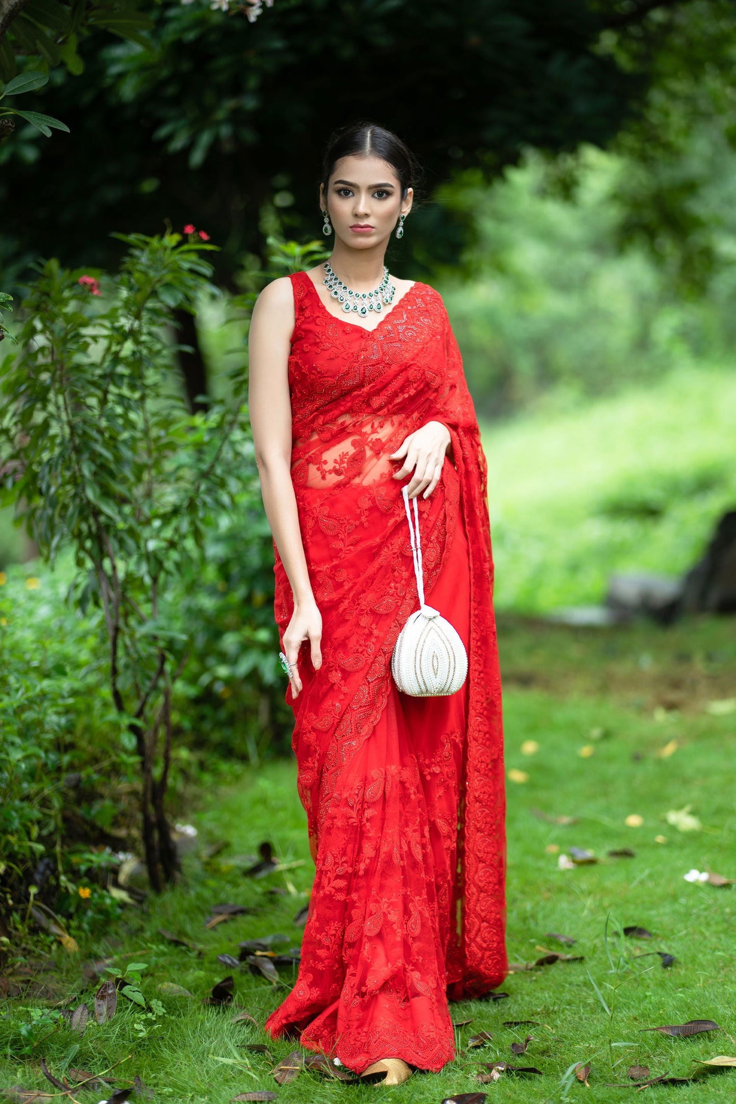Red Super Net Saree with Swarovski Border - Mayrake.in