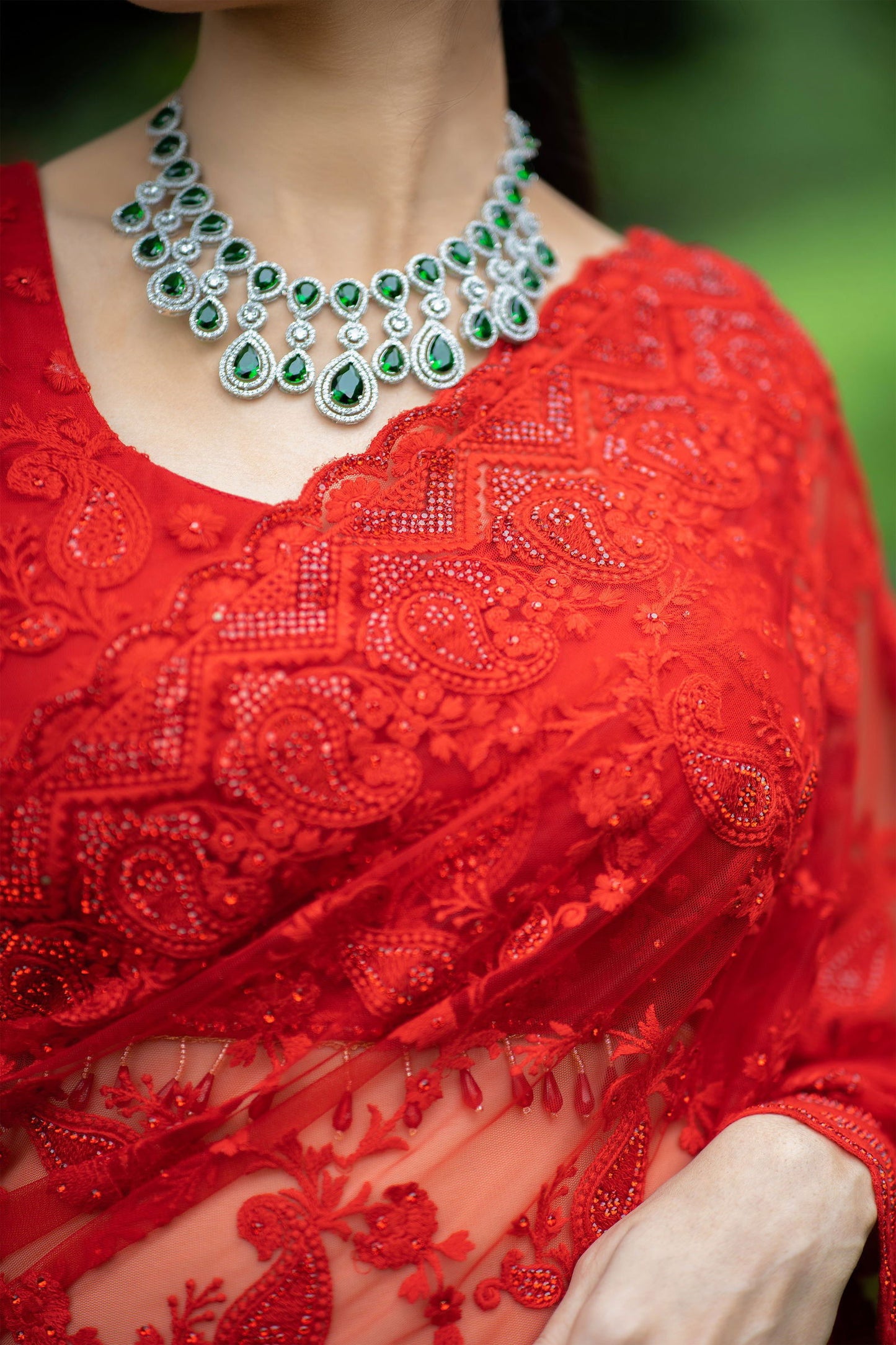 Red Super Net Saree with Swarovski Border - Mayrake.in