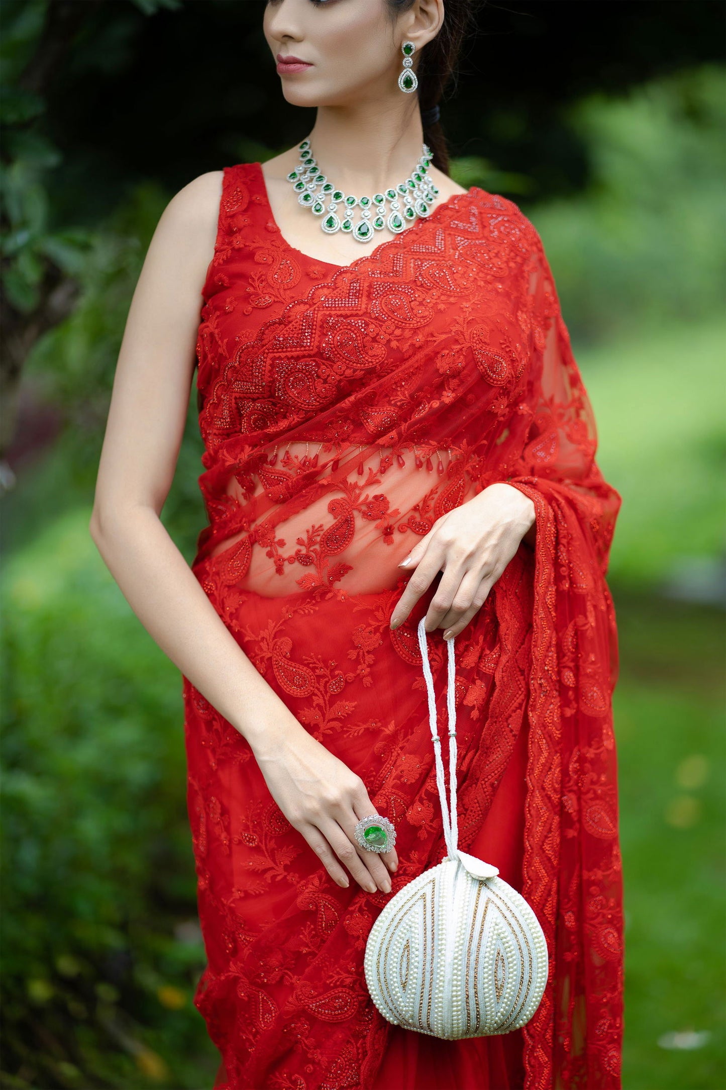 Red Super Net Saree with Swarovski Border - Mayrake.in