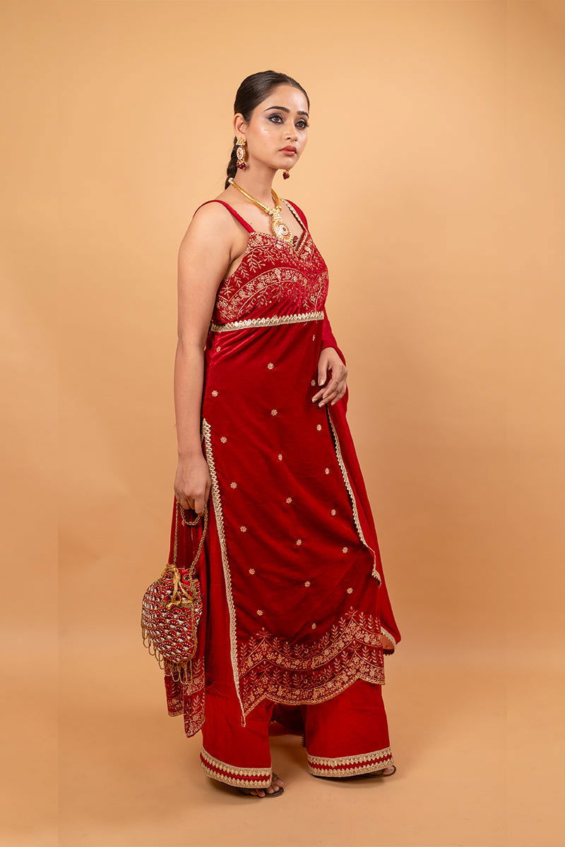 Red Velvet Embroidered Palazzo Sets - Mayrake.in