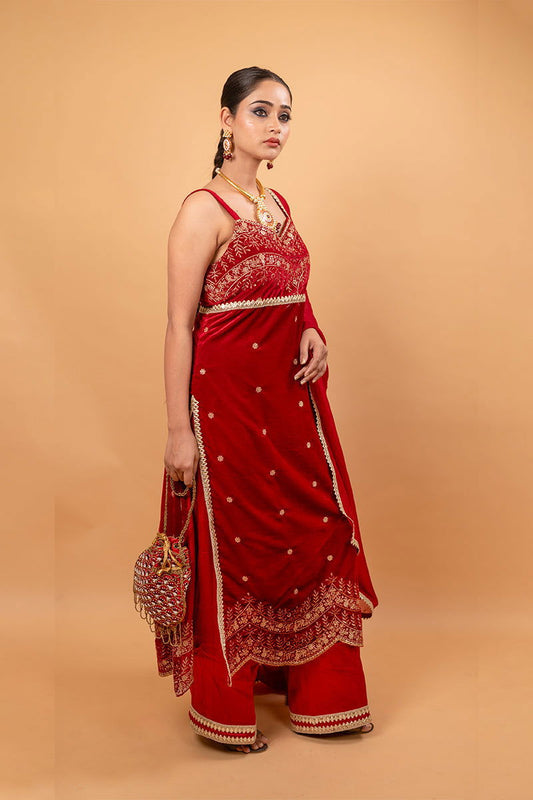 Red Velvet Embroidered Palazzo Sets - Mayrake.in