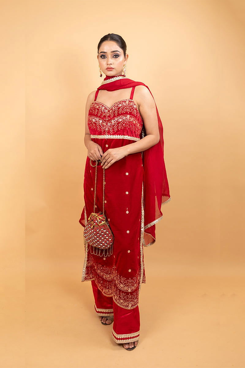 Red Velvet Embroidered Palazzo Sets - Mayrake.in