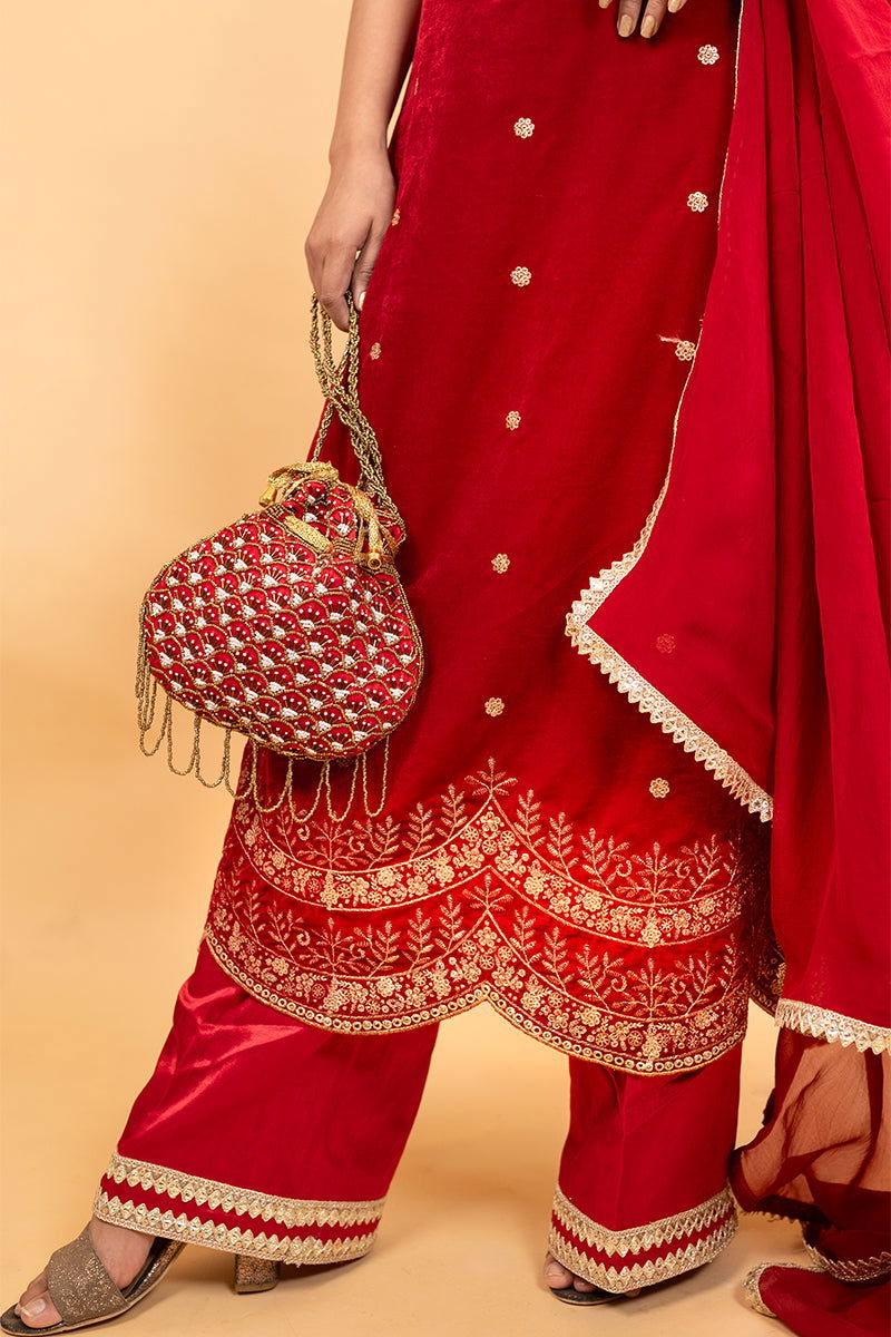 Red Velvet Embroidered Palazzo Sets - Mayrake.in