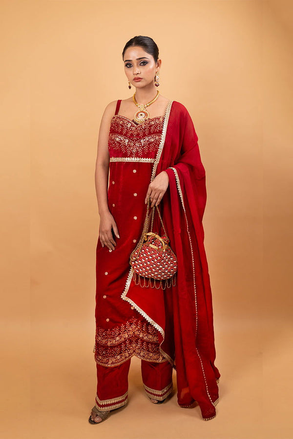 Red Velvet Suit with Embroidered Border, Palazzo Pants, and Matching Dupatta - Mayrake - 