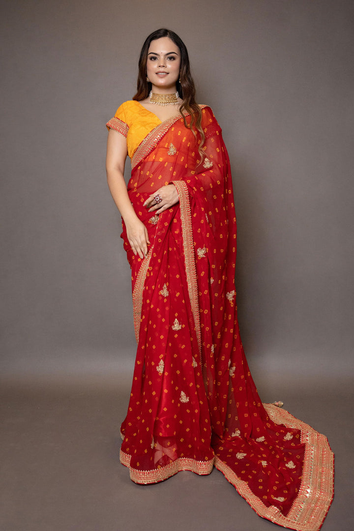 Red and Yellow Boutique Chiffon Saree with Gota Patti Border and Designer Blouse - Mayrake