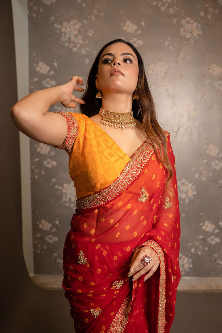 Red and Yellow Boutique Chiffon Saree with Gota Patti Border and Designer Blouse - Mayrake