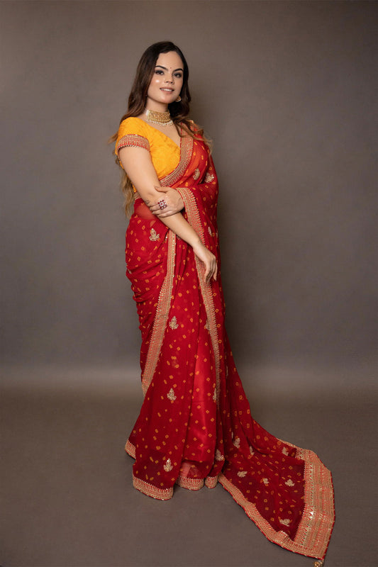 Red and Yellow Chiffon Saree with Gota Patti Border with Stitched Blouse - Mayrake.in