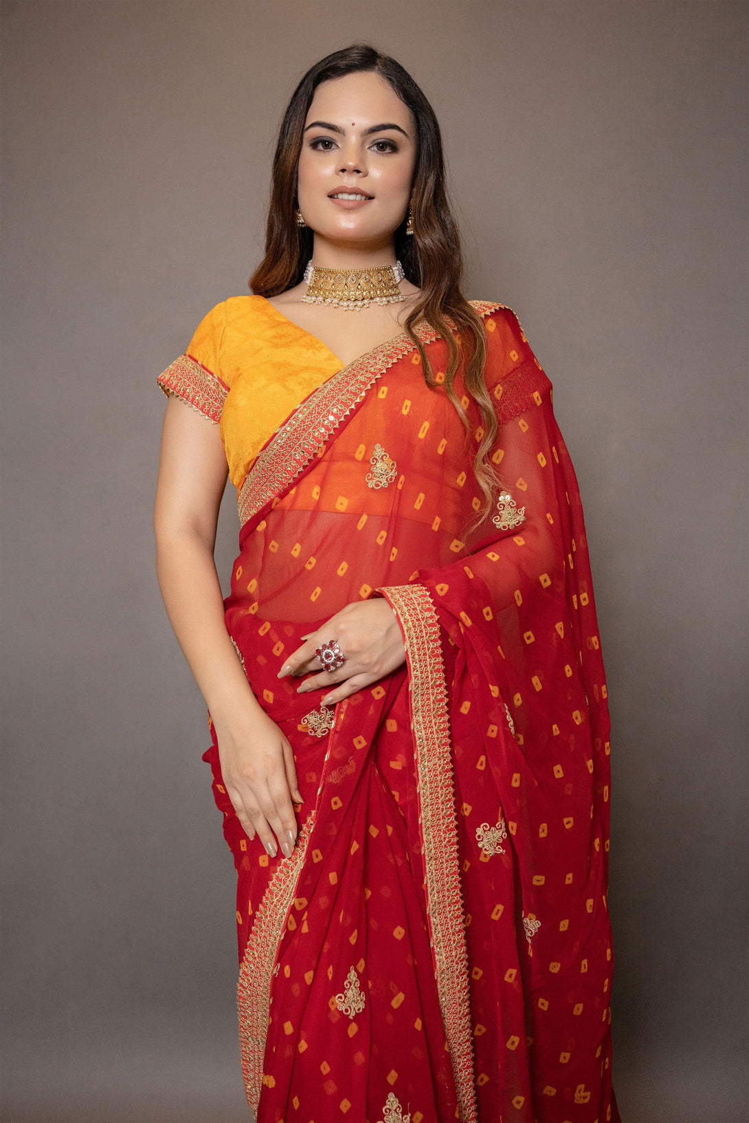 Red and Yellow Chiffon Saree with Gota Patti Border with Stitched Blouse - Mayrake.in
