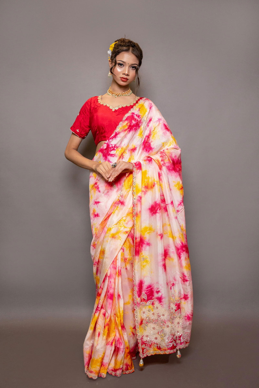 Red and Yellow Dola Silk Saree with Pearl Handwork - Mayrake.in