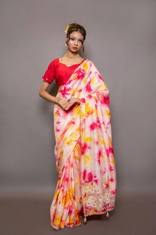 Red and Yellow Dola Silk Saree with Pearl Handwork - Mayrake.in