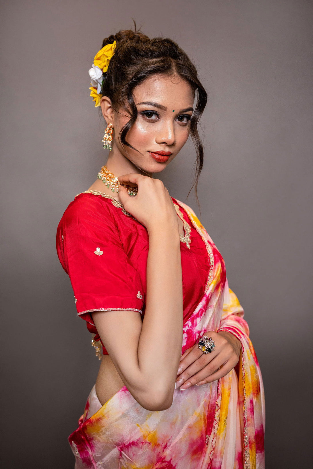 Red and Yellow Dola Silk Saree with Pearl Handwork - Mayrake.in