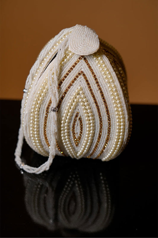 Rose Gold Pearl with Swarovski Frame Potli and Handmade Pearl Handle - Mayrake.in