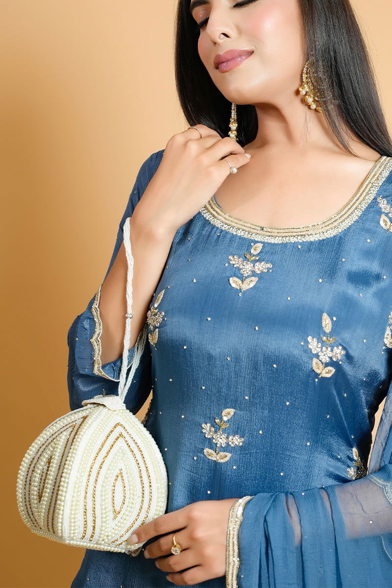 Rose Gold Pearl with Swarovski Frame Potli and Handmade Pearl Handle - Mayrake.in