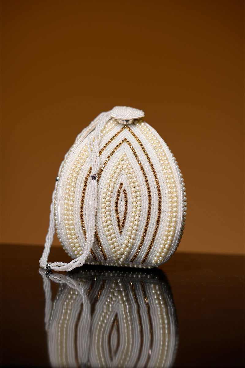 Rose Gold Pearl with Swarovski Frame Potli and Handmade Pearl Handle - Mayrake.in