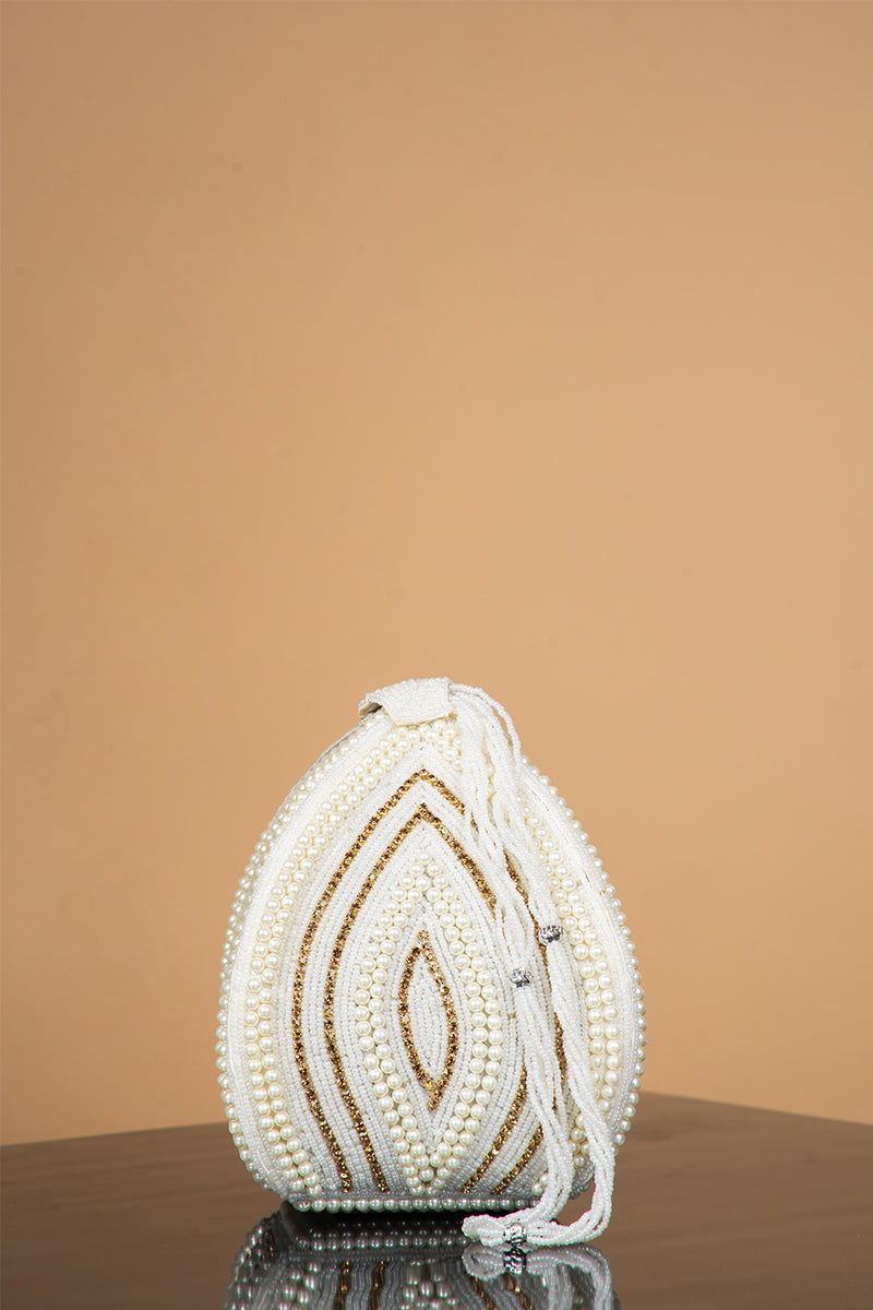 Rose Gold Pearl with Swarovski Frame Potli and Handmade Pearl Handle - Mayrake.in