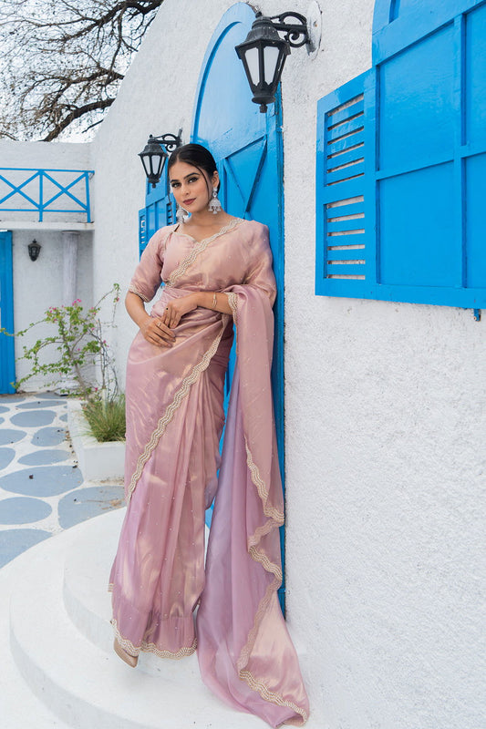 Rose Gold Shimmer Organza Saree with Pearl and Sequin Work - Mayrake.in