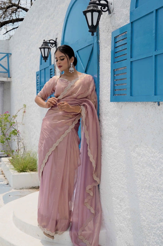 Rose Gold Shimmer Organza Saree with Pearl and Sequin Work - Mayrake.in