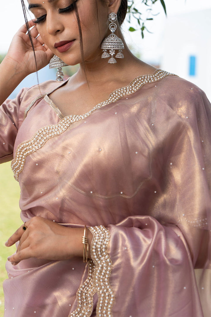 Rose Gold Shimmer Organza Saree with Pearl and Sequin Work - Mayrake.in