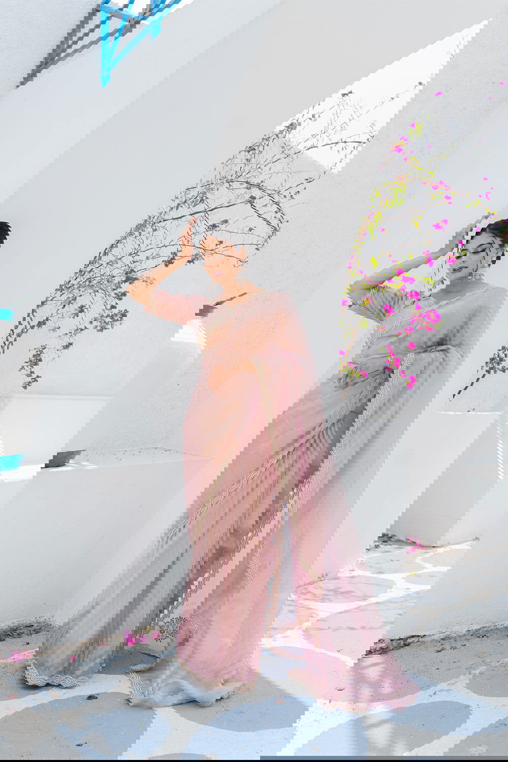 Rose Gold Shimmer Organza Saree with Pearl and Sequin Work - Mayrake.in