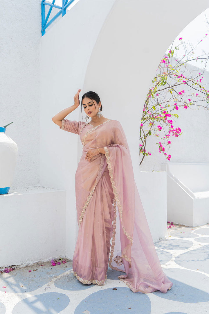 Rose Gold Shimmer Organza Saree with Pearl and Sequin Work - Mayrake.in