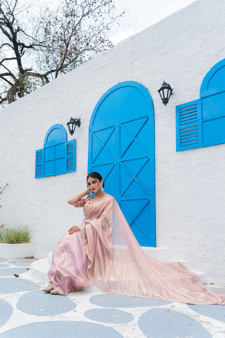 Rose Gold Shimmer Organza Saree with Pearl and Sequin Work - Mayrake.in