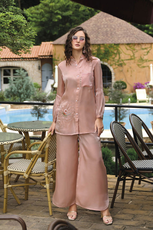 Rose Pink Handwork Viscose Silk Cord-Set Suit with Pant with Pocket - Mayrake.in