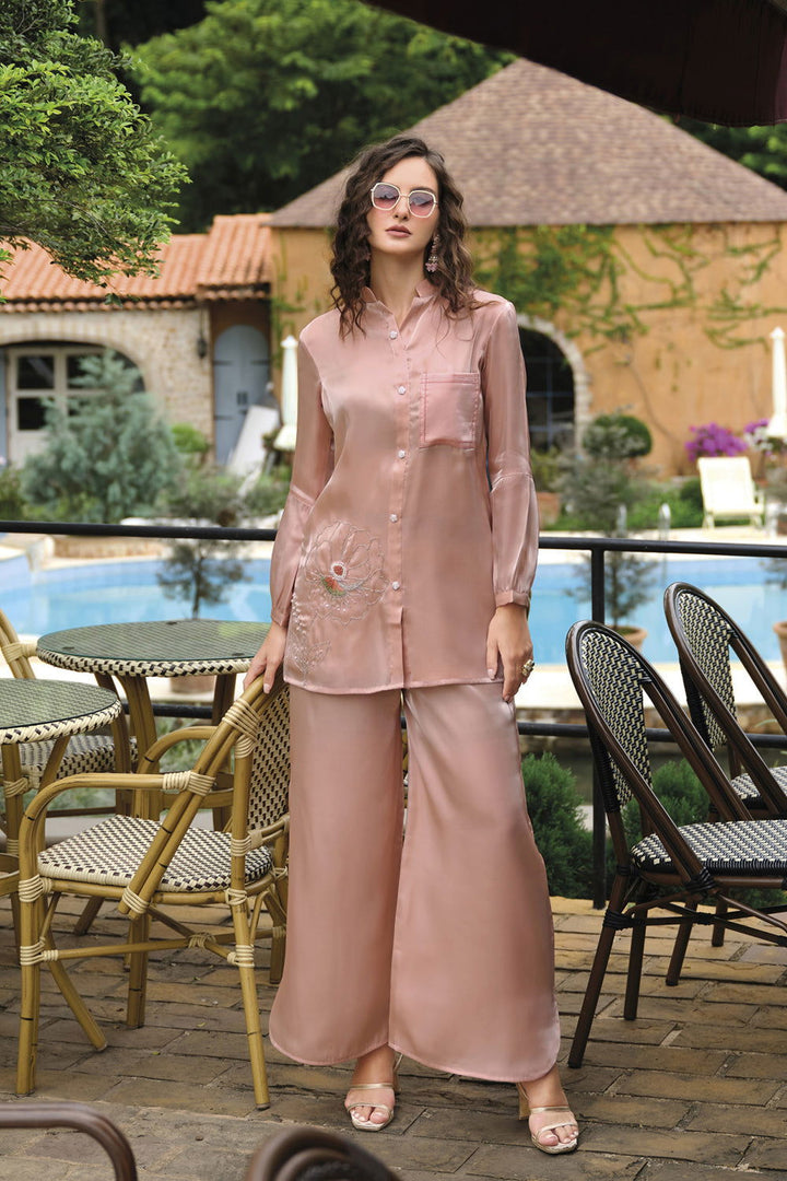 Rose Pink Handwork Viscose Silk Cord-Set Suit with Pant with Pocket - Mayrake.in