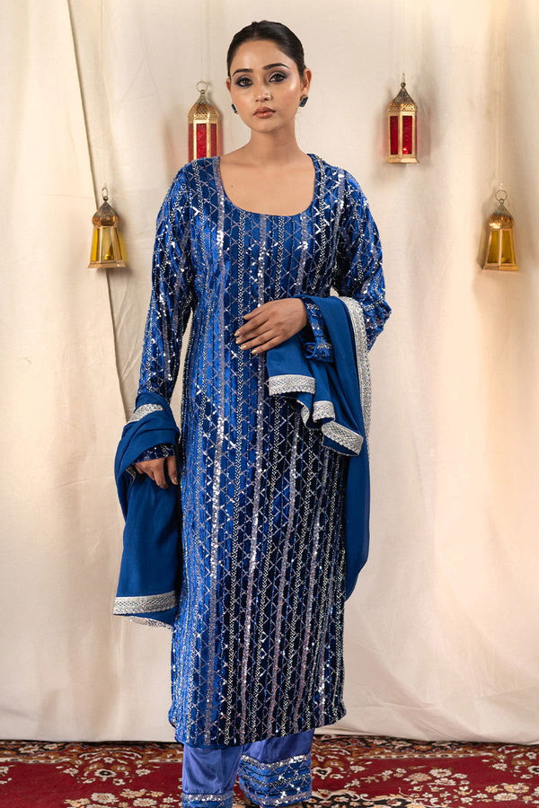 Royal Blue Long Velvet Suit with Full Sequin Work, Palazzo Pants, and Lace Dupatta - Mayrake - 