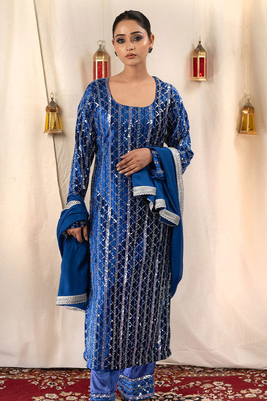 Royal Blue Velvet Sequined Suit - Mayrake.in