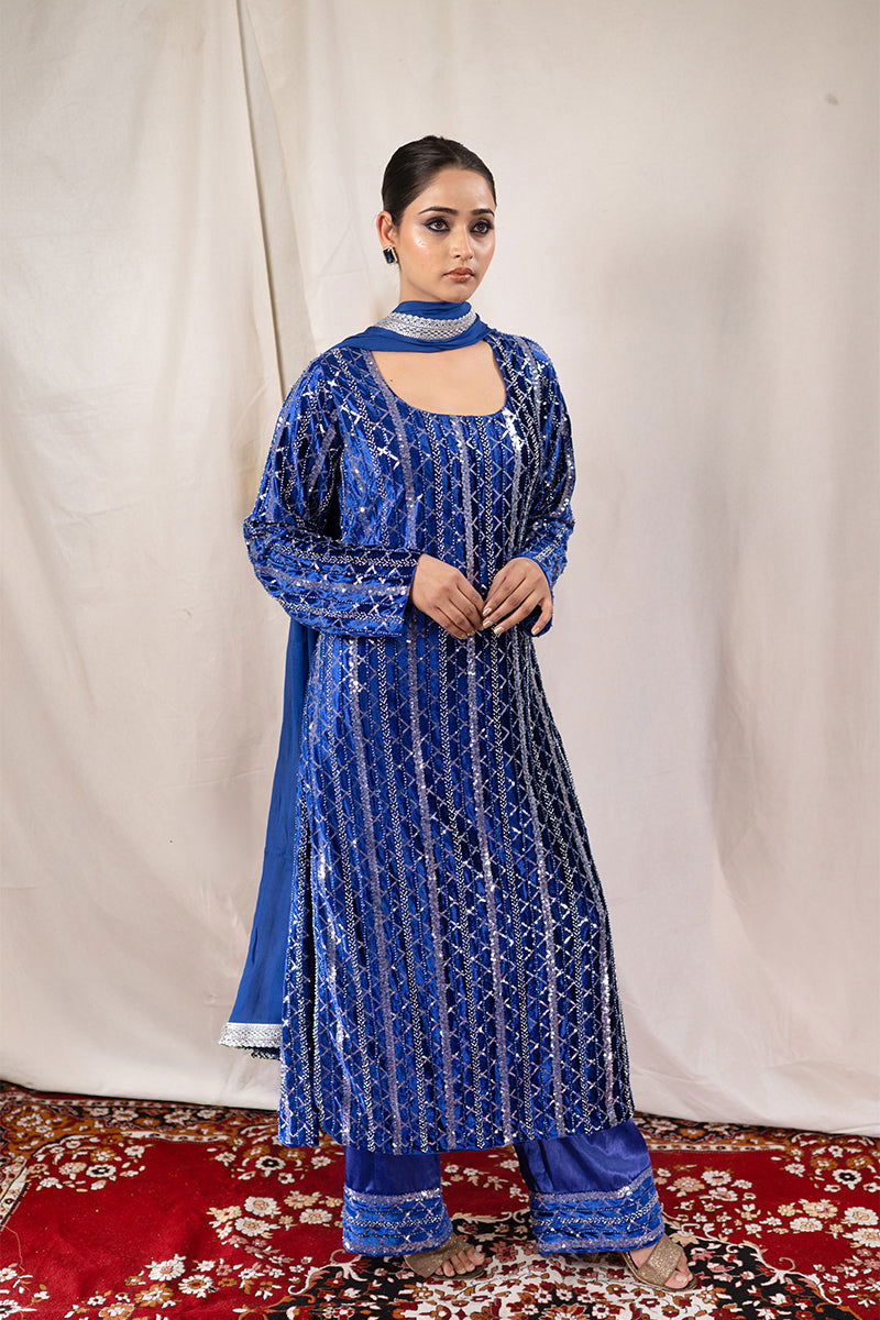 Royal Blue Velvet Sequined Suit - Mayrake.in