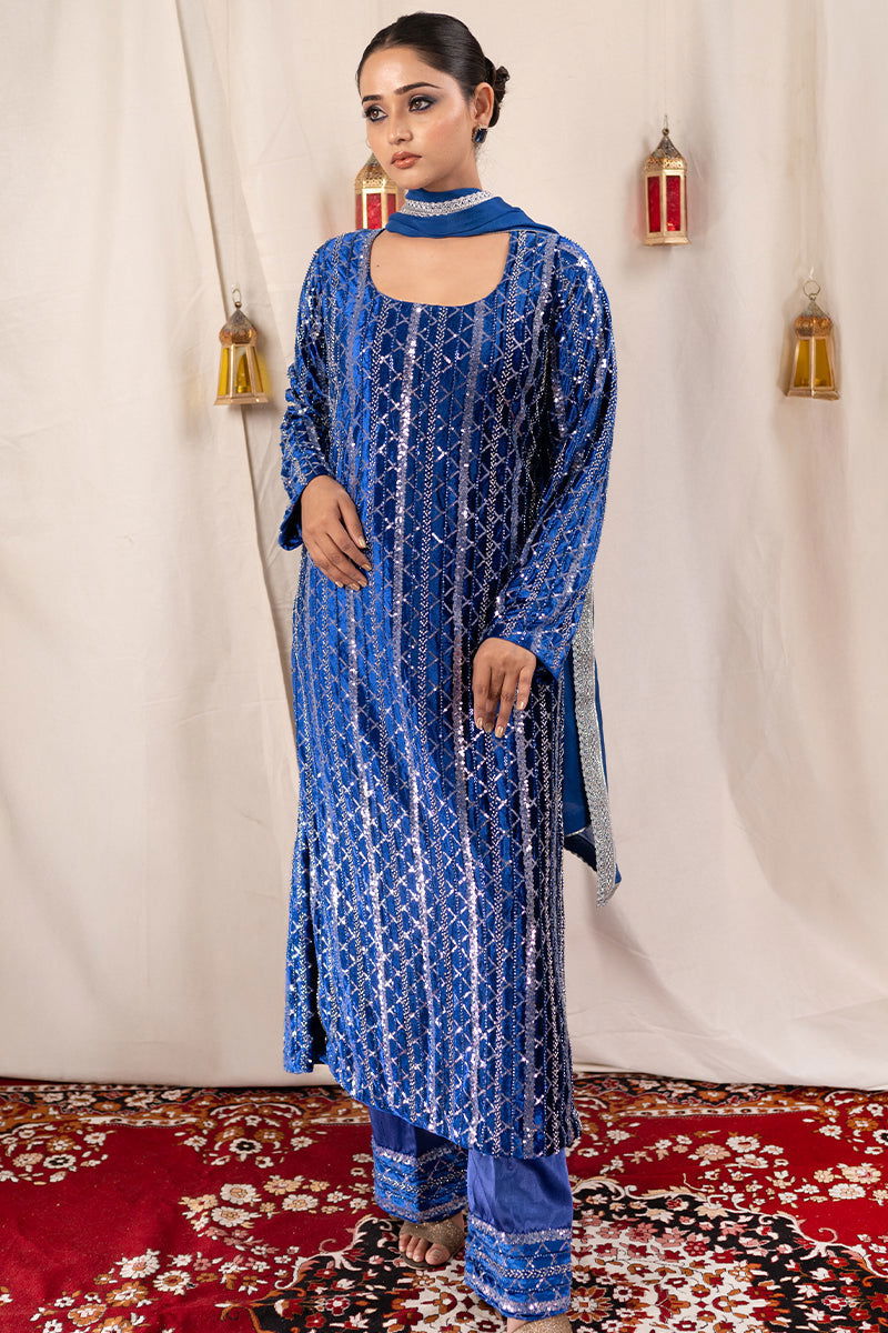 Royal Blue Velvet Sequined Suit - Mayrake.in