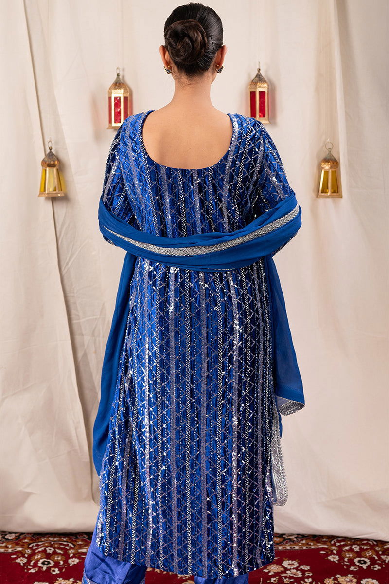 Royal Blue Velvet Sequined Suit - Mayrake.in