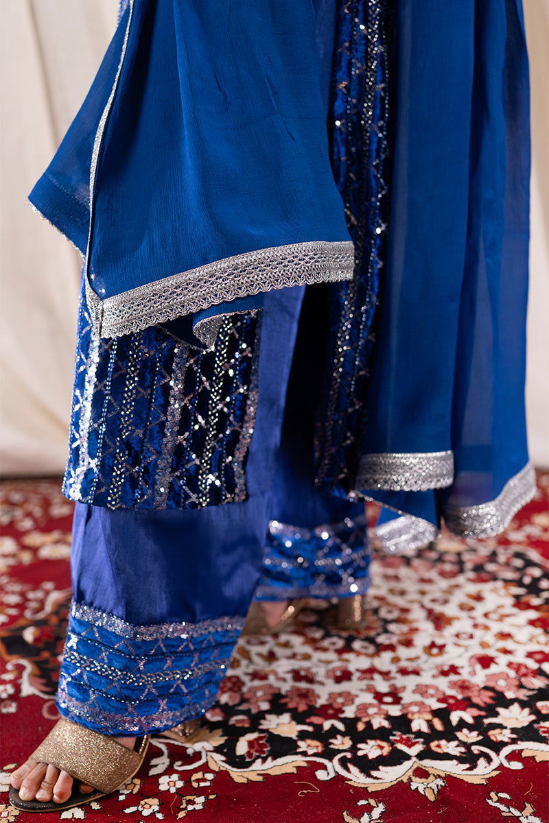 Royal Blue Velvet Sequined Suit - Mayrake.in