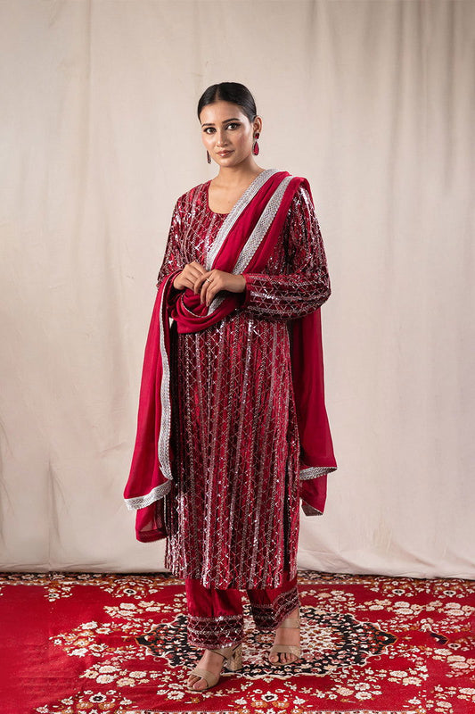 Royal Maroon Velvet Sequined Suit - Mayrake.in