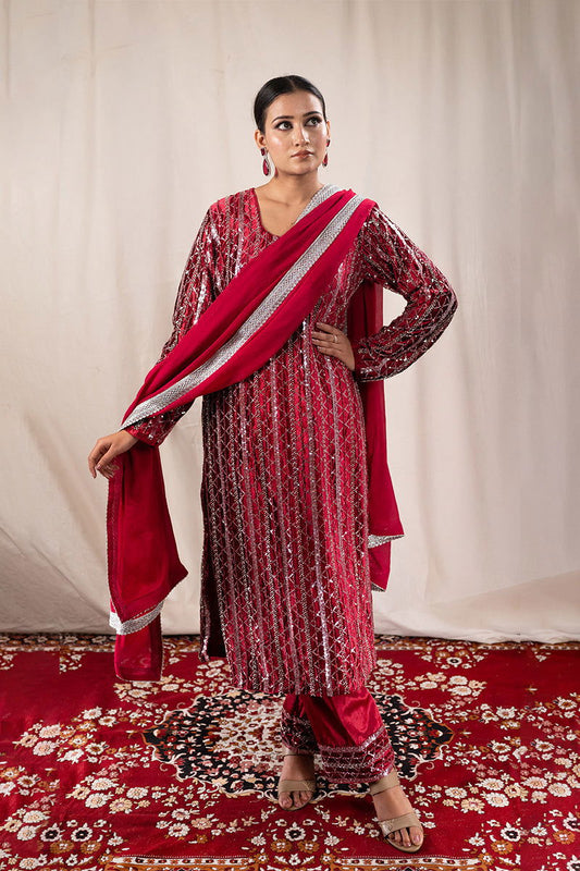 Royal Maroon Velvet Sequined Suit - Mayrake.in