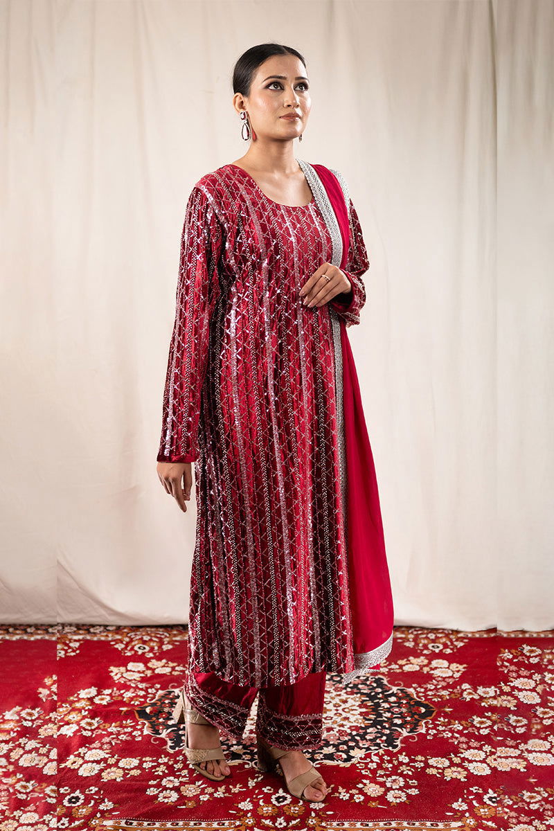 Royal Maroon Velvet Sequined Suit - Mayrake.in