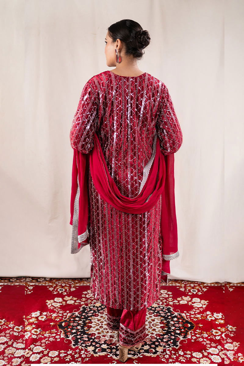 Royal Maroon Velvet Sequined Suit - Mayrake.in