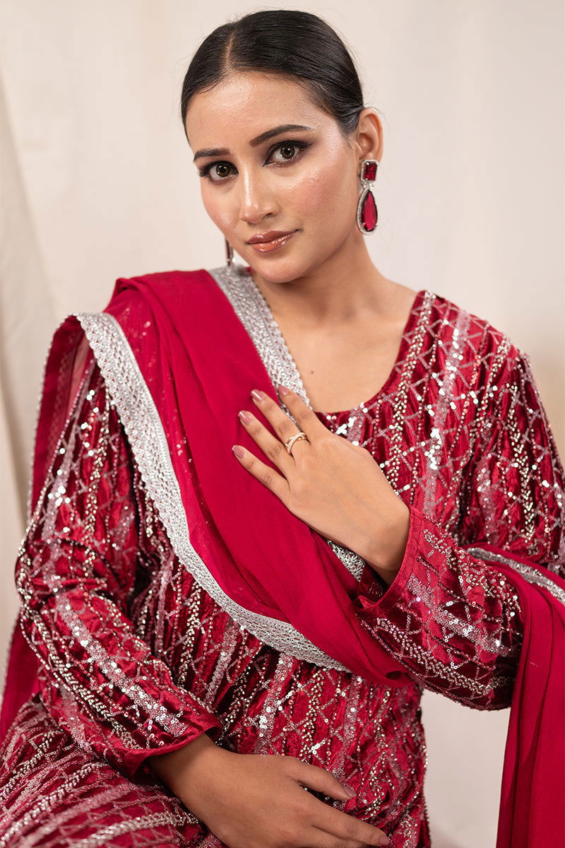 Royal Maroon Velvet Sequined Suit - Mayrake.in