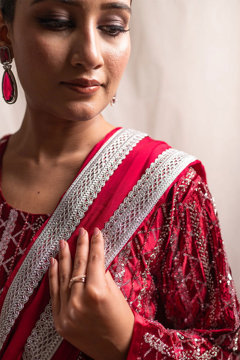 Royal Maroon Velvet Sequined Suit - Mayrake.in