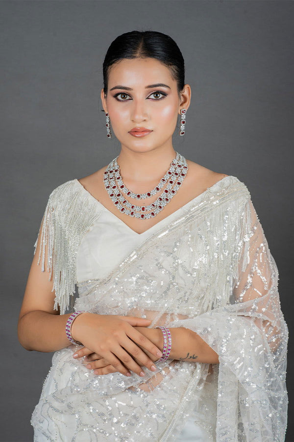 Ruby American Diamond 3-Layer Grand Necklace with Earrings - Mayrake