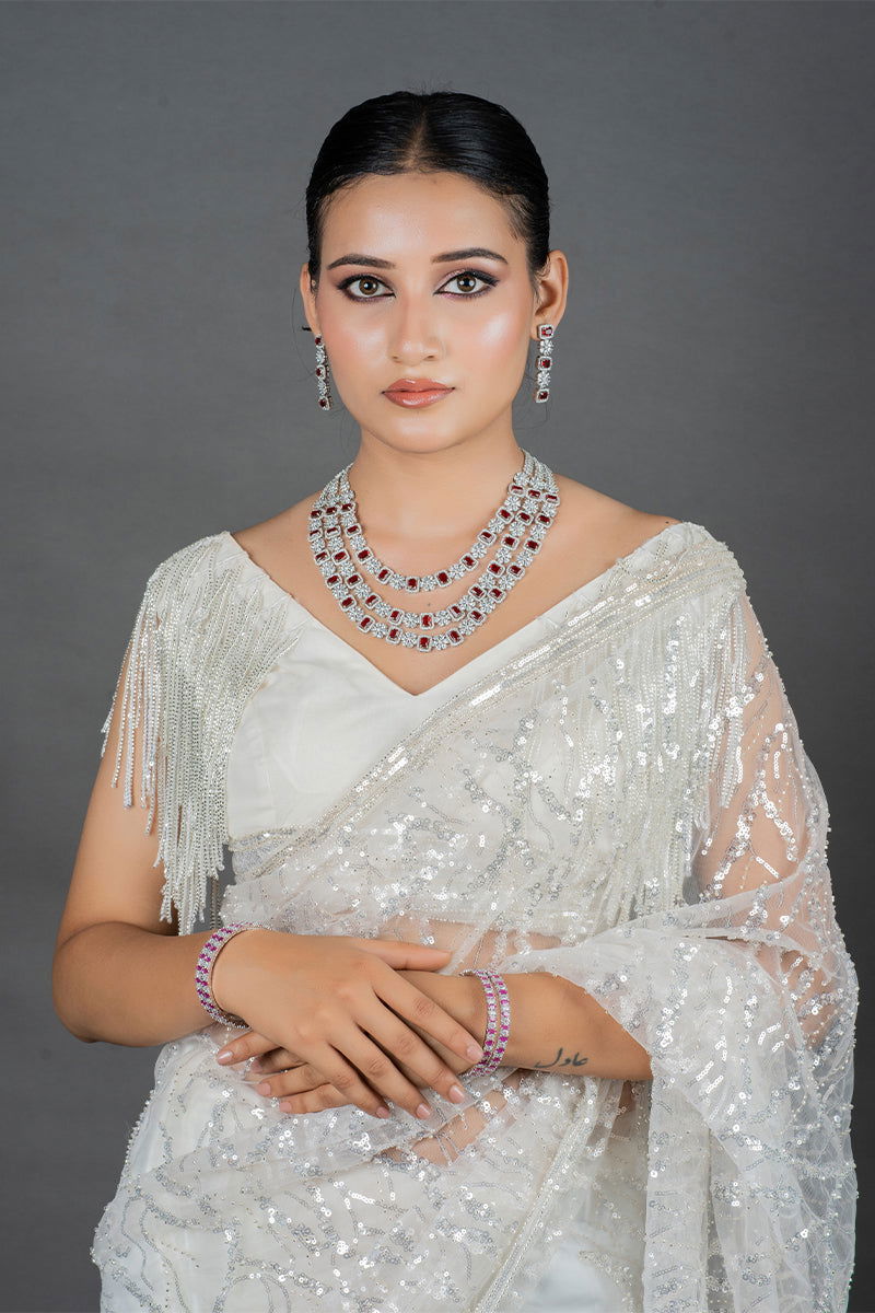 Ruby American Diamond 3-Layer Grand Necklace with Earrings - Mayrake.in