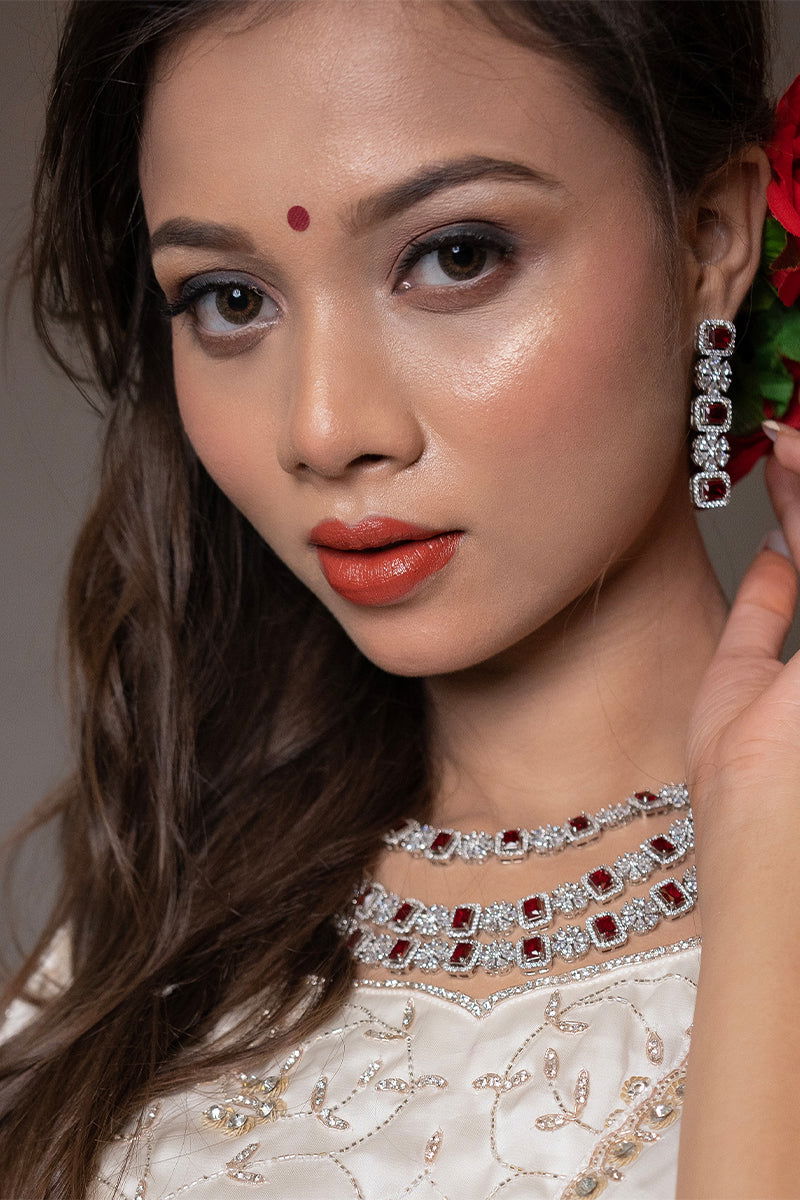 Ruby American Diamond 3-Layer Grand Necklace with Earrings - Mayrake.in