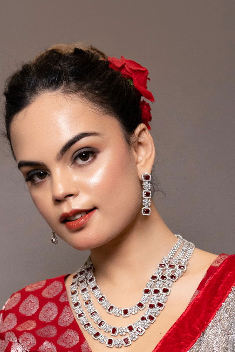 Ruby American Diamond 3-Layer Grand Necklace with Earrings - Mayrake.in