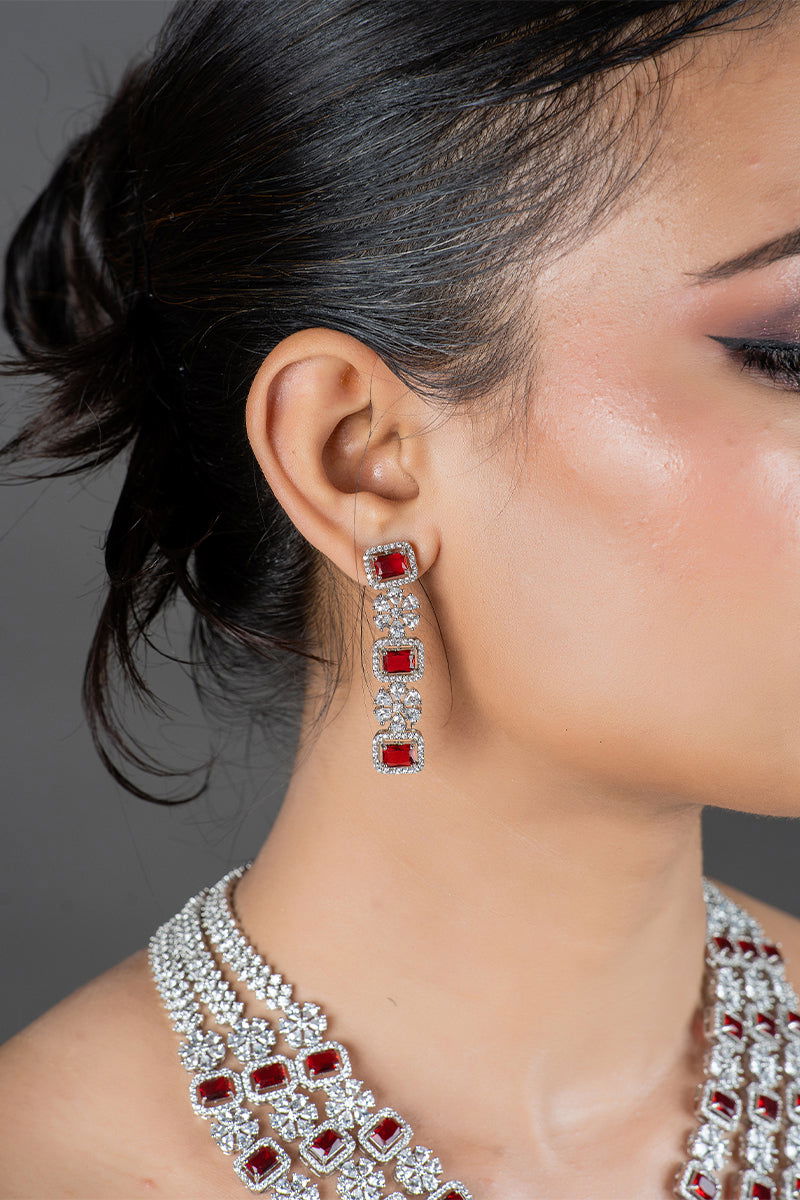 Ruby American Diamond 3-Layer Grand Necklace with Earrings - Mayrake.in