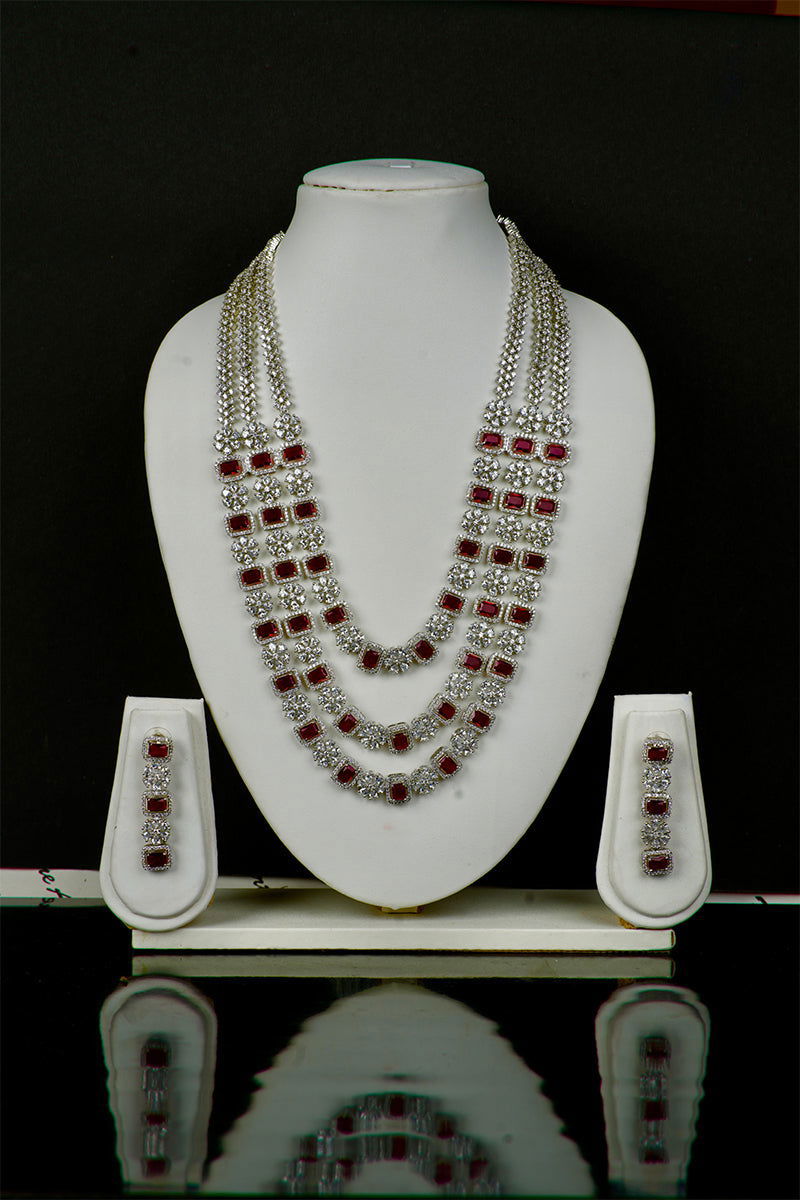 Ruby American Diamond 3-Layer Grand Necklace with Earrings - Mayrake.in