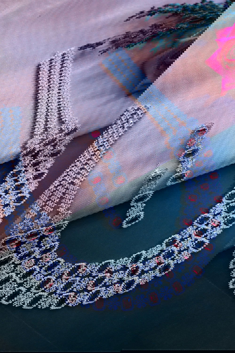 Ruby American Diamond 3-Layer Grand Necklace with Earrings Jewellery Set - Mayrake.in