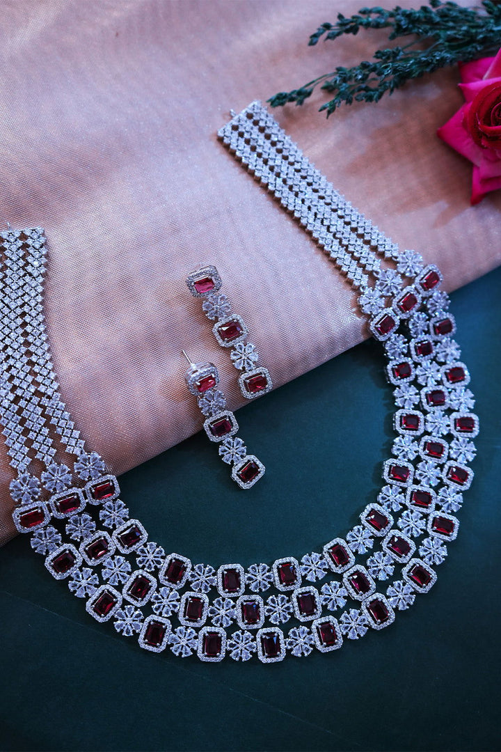 Ruby American Diamond 3-Layer Grand Necklace with Earrings Jewellery Set - Mayrake.in